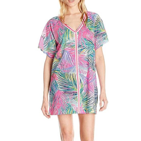 Lilly Pulitzer Women's Bonita Coverup Tropical Palm Print "Scarlet Macaw", L - Picture 2 of 10